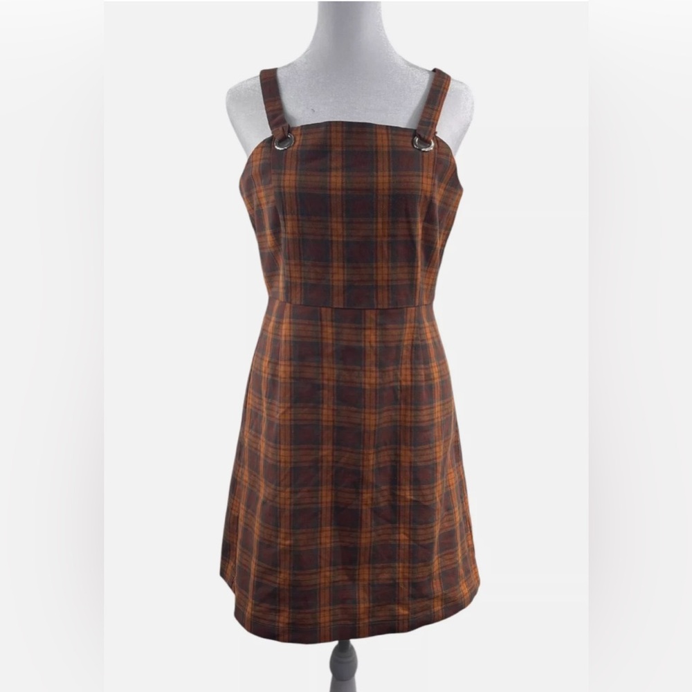 Honey Punch Brown Yellow Plaid Pinafore Mini Dress, Size Medium